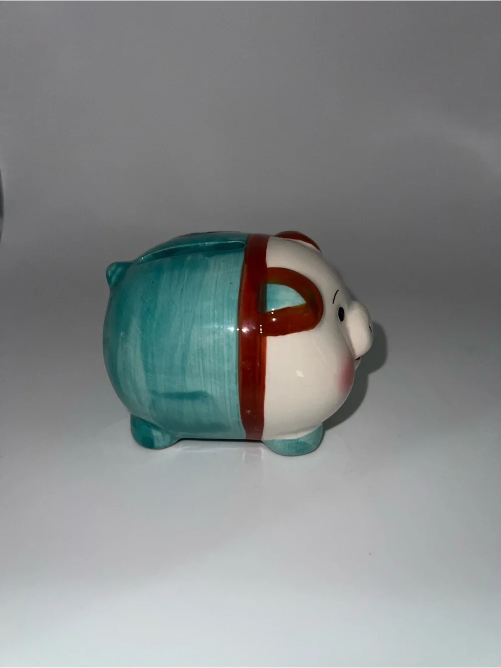 Ceramic Piggy Bank Figurine in Turquoise and White